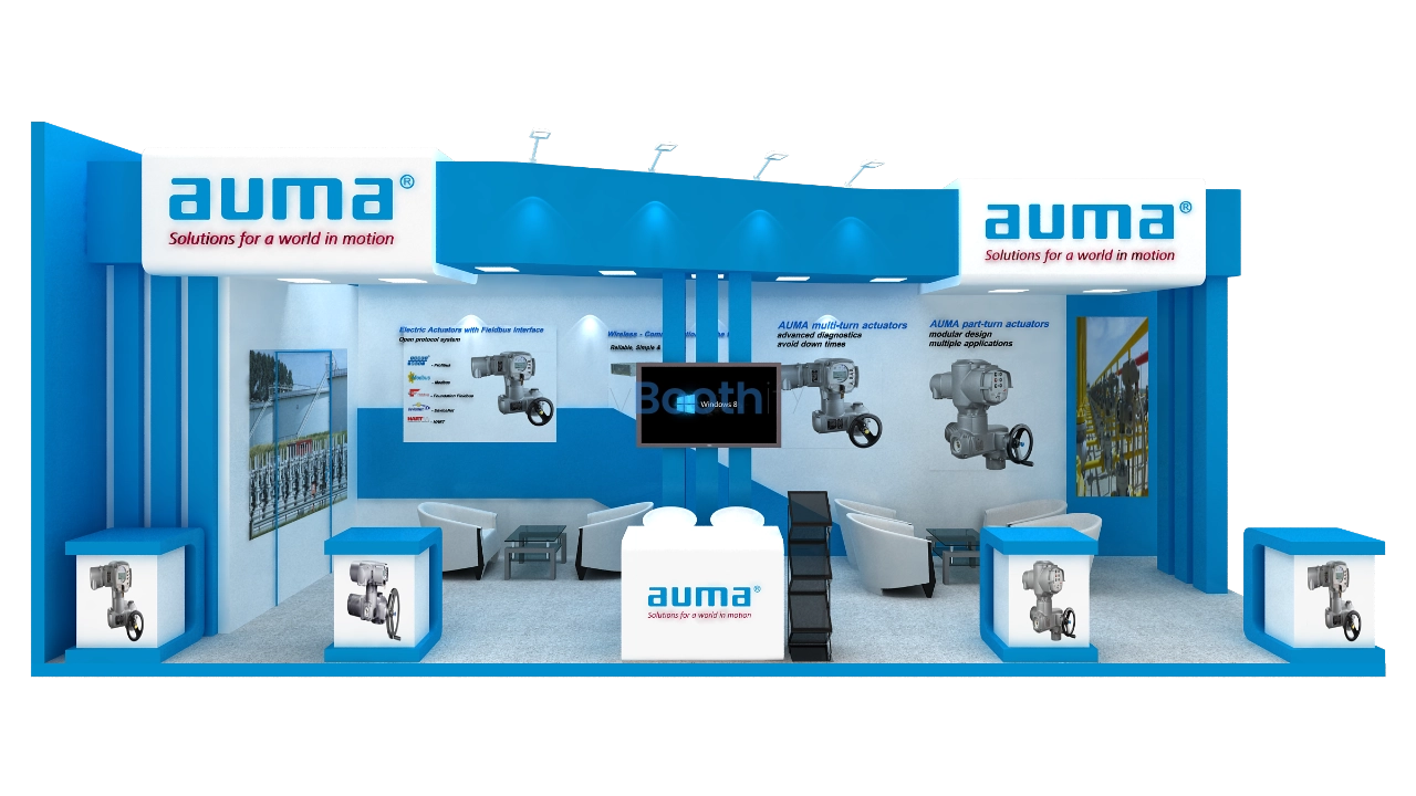 Front elevation render of the Auma exhibition stand featuring blue columns, central desk, and dual lounges.