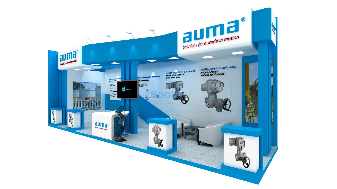 Right-side 3D perspective view of the Auma trade stand featuring graphic panels, armchairs, and digital screen.
