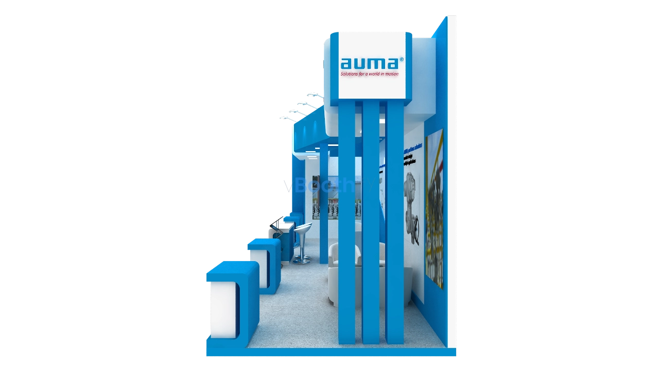 Side profile view of the Auma exhibition stand highlighting the depth, blue vertical columns, and front counters.