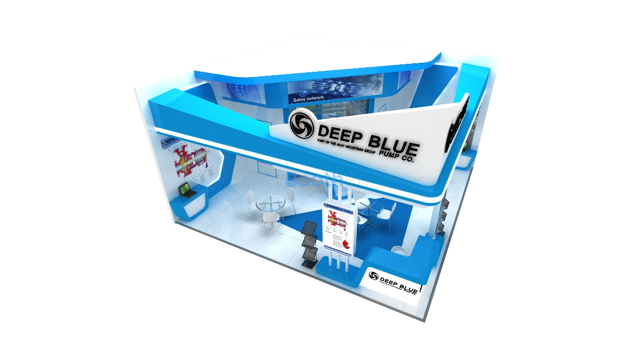 Editable 3D booth model showing corner perspective of Deep Blue Pump exhibition stand design for Blender.