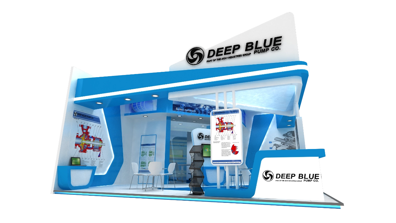 High-angle render reference of exhibition stand design with blue and white layout for 3D visualizers.