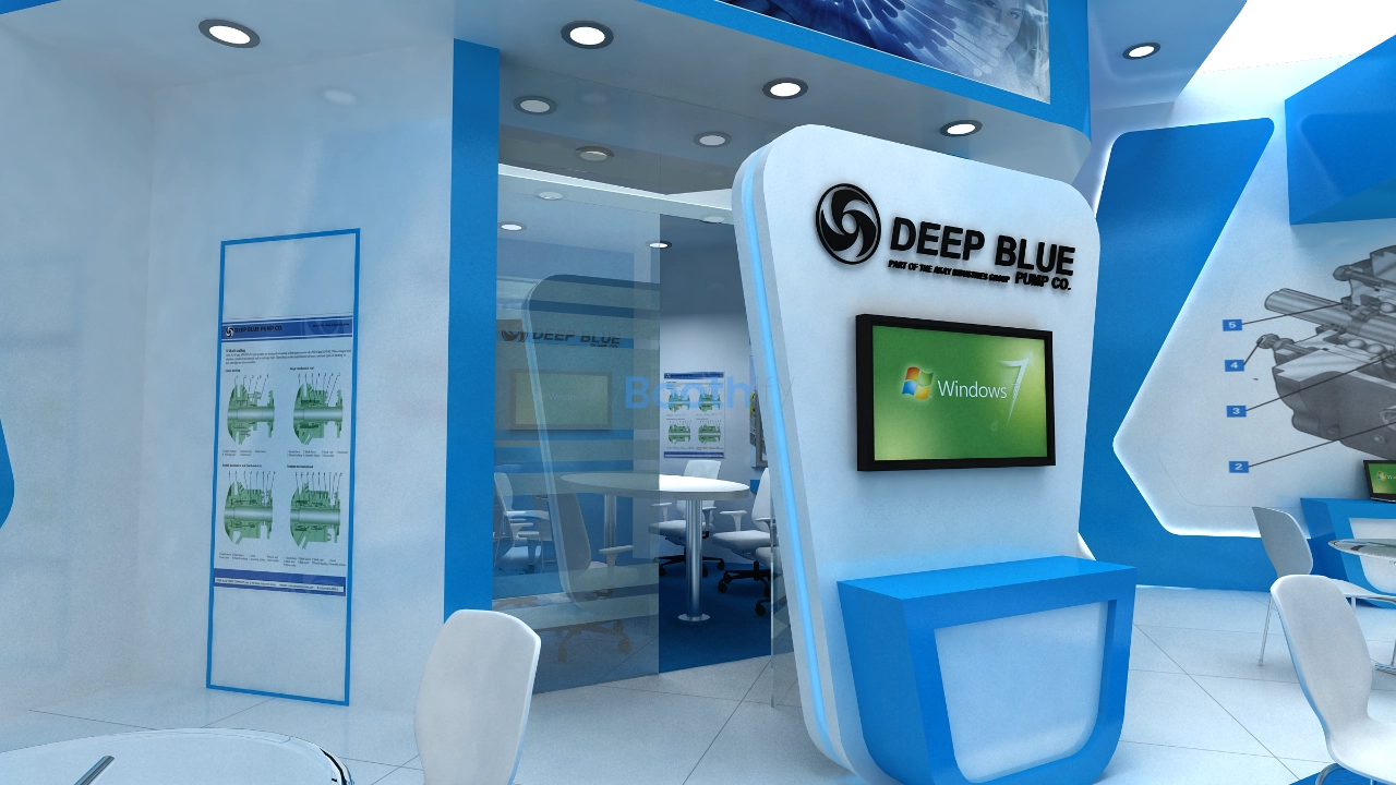 Front elevation of editable 3D booth model featuring central reception desk and backlit graphic towers.