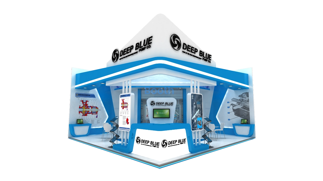Aerial perspective of exhibition stand design layout with blue carpet zoning and furniture arrangement.