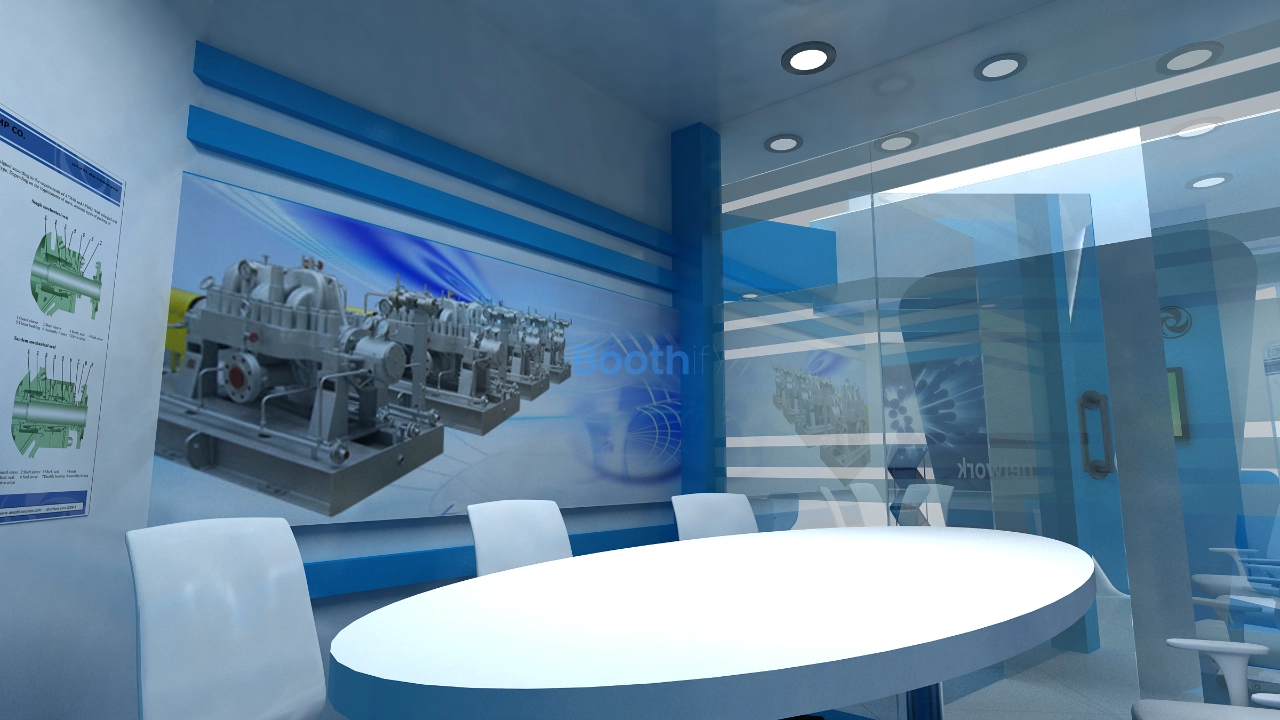 Close-up view of exhibition stand reception desk and digital display screen for 3D designers.