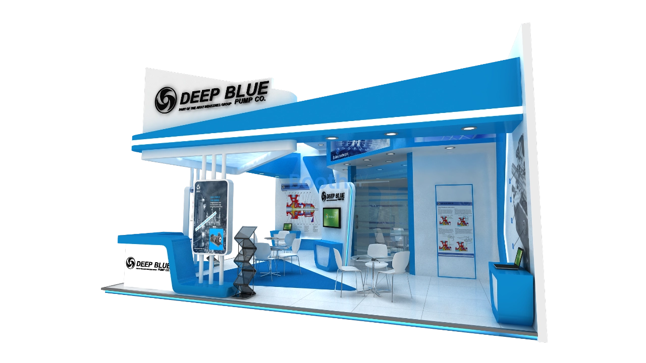Interior conference room view of exhibition stand with meeting table and technical wall graphics.