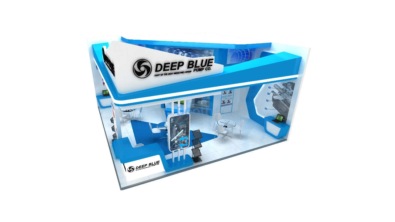 Flat front profile of 3D booth model showing brand signage, reception counter, and display panels.
