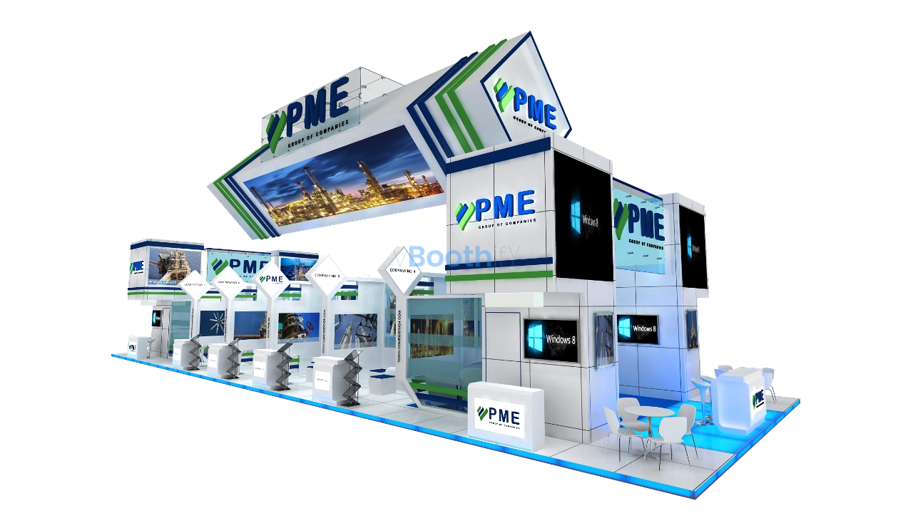 Aerial view of 3D exhibition stand design with white desks, blue aisle, and glass partitions, free download editable Blender render reference.