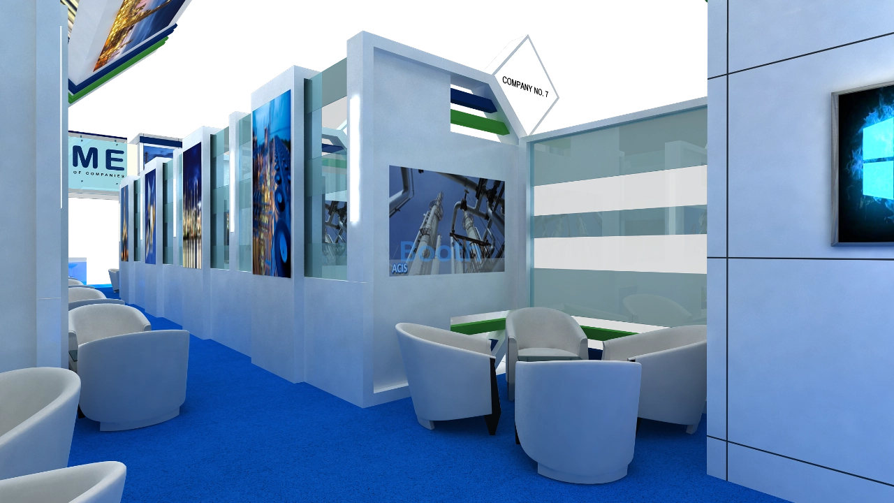 PME 3D exhibition booth model in blue, white, and green. Features screens and seating. Free editable render reference.