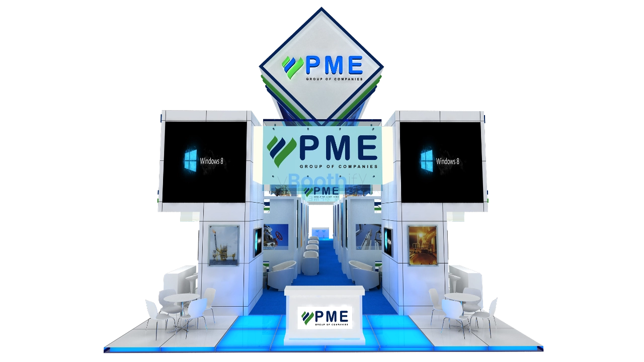 Exhibition stand design interior with white sofas, blue carpet, and wall display screens. Free editable 3D booth model download.