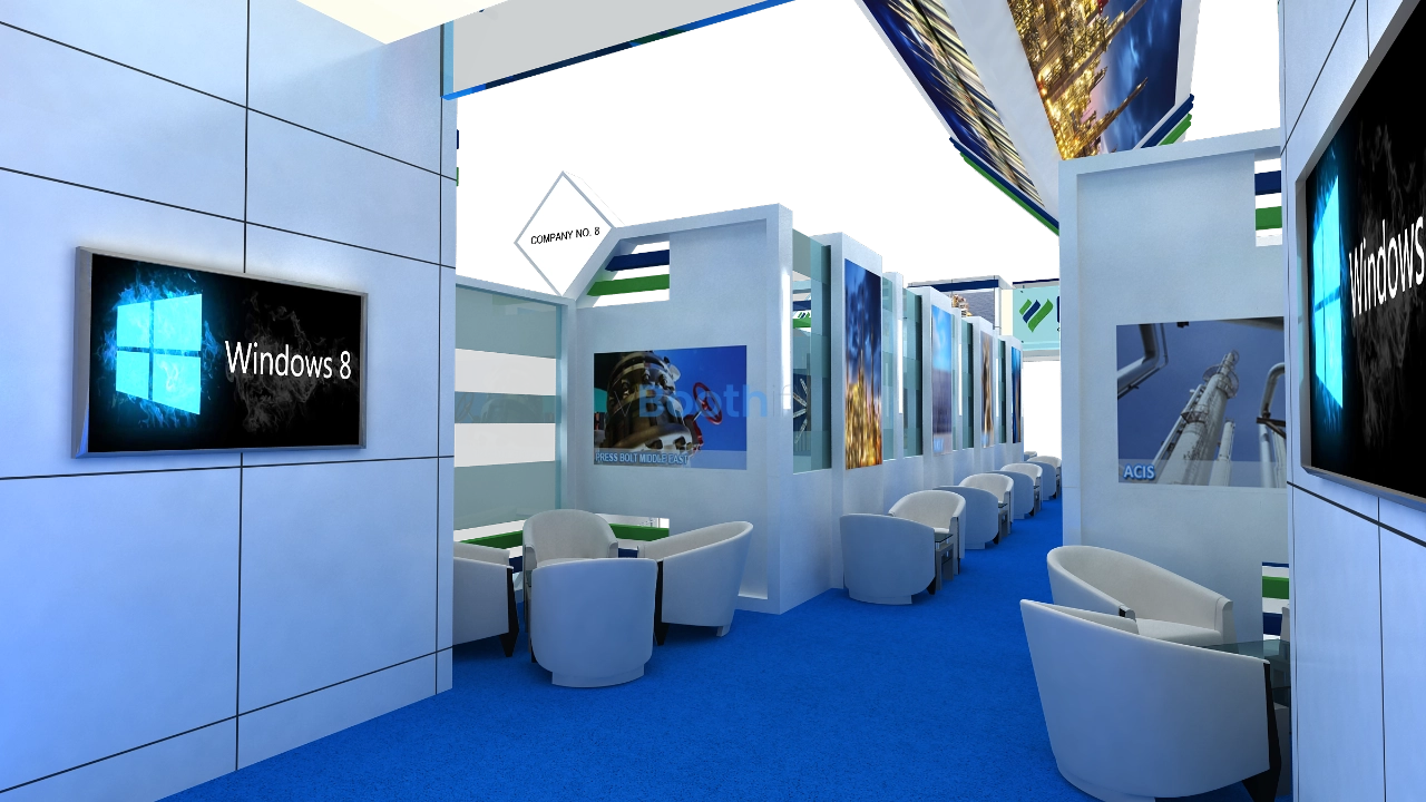 Front perspective of a free 3D booth model for PME Group. Shows white and blue colors, diamond signage, and reception desk. Editable render.
