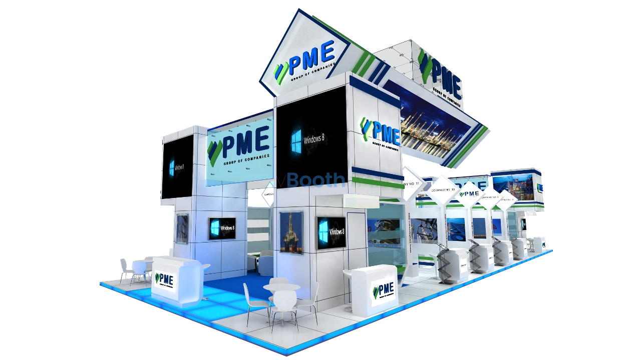 Editable booth render side view featuring white walls, blue carpet, and screens showing Windows 8. Free 3D exhibition stand design download.