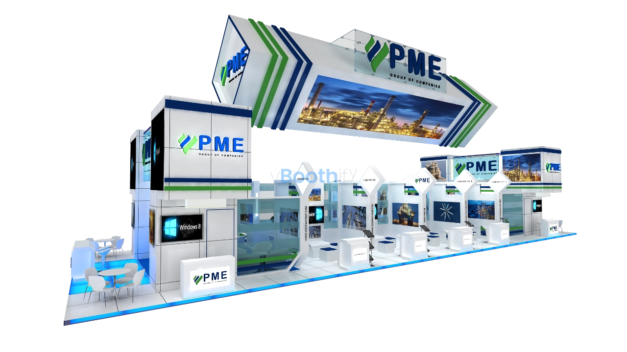 Corner 3D booth model view of PME Group in white, blue, and green. Features floor lighting and reception counter. Free editable download.