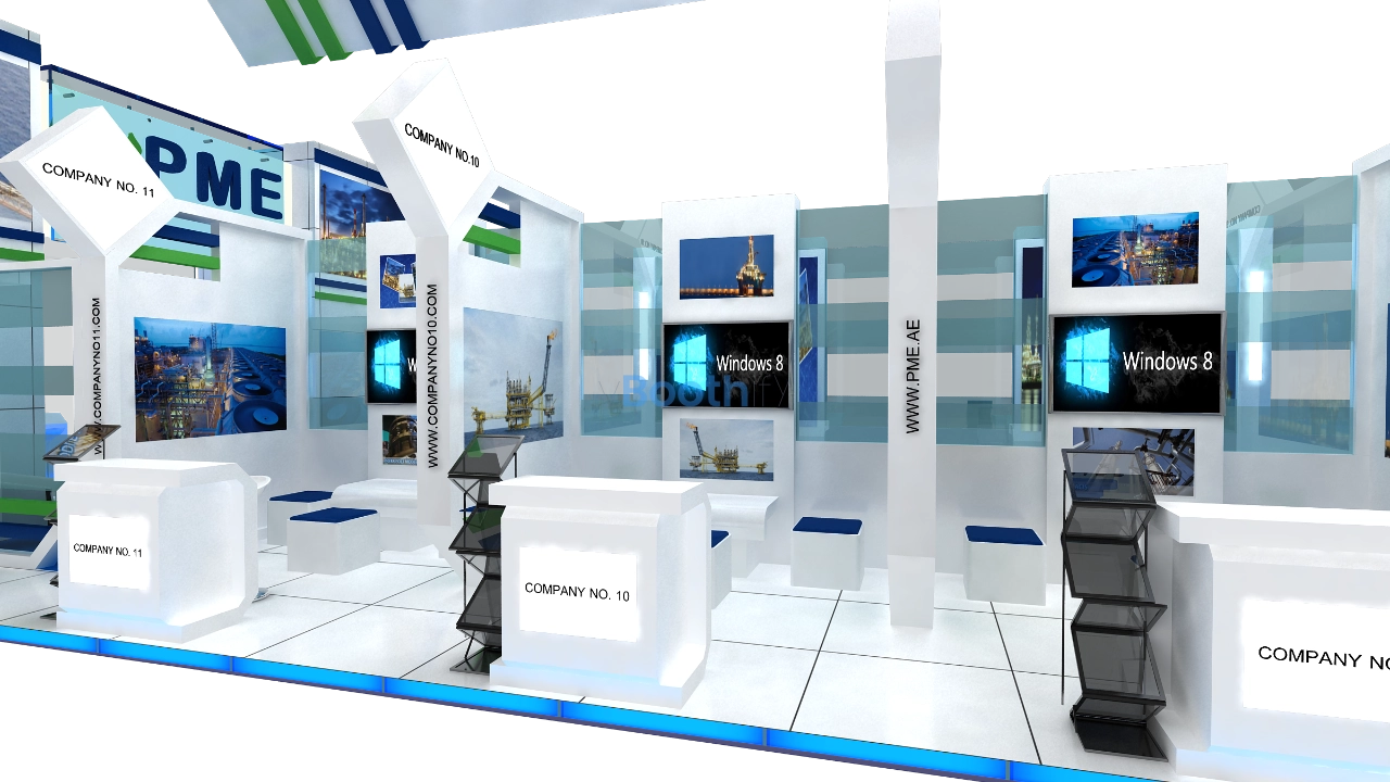 Booth display detail 3D model showing screens, seating areas, and industrial photo modules. Free editable exhibition stand design reference.