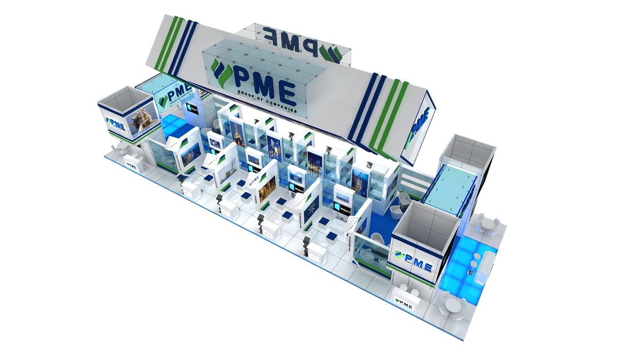 Exhibition hall overview 3D model showing multiple white booths with screens and seating. Free editable 3D booth model render reference.