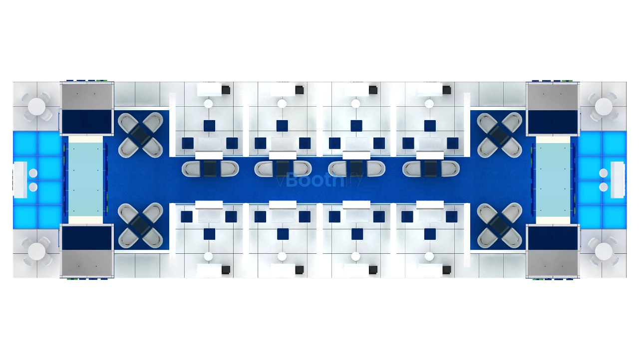 Glass partition booth render showing PME Group layout in white, blue, and green. Free editable 3D exhibition stand design download.