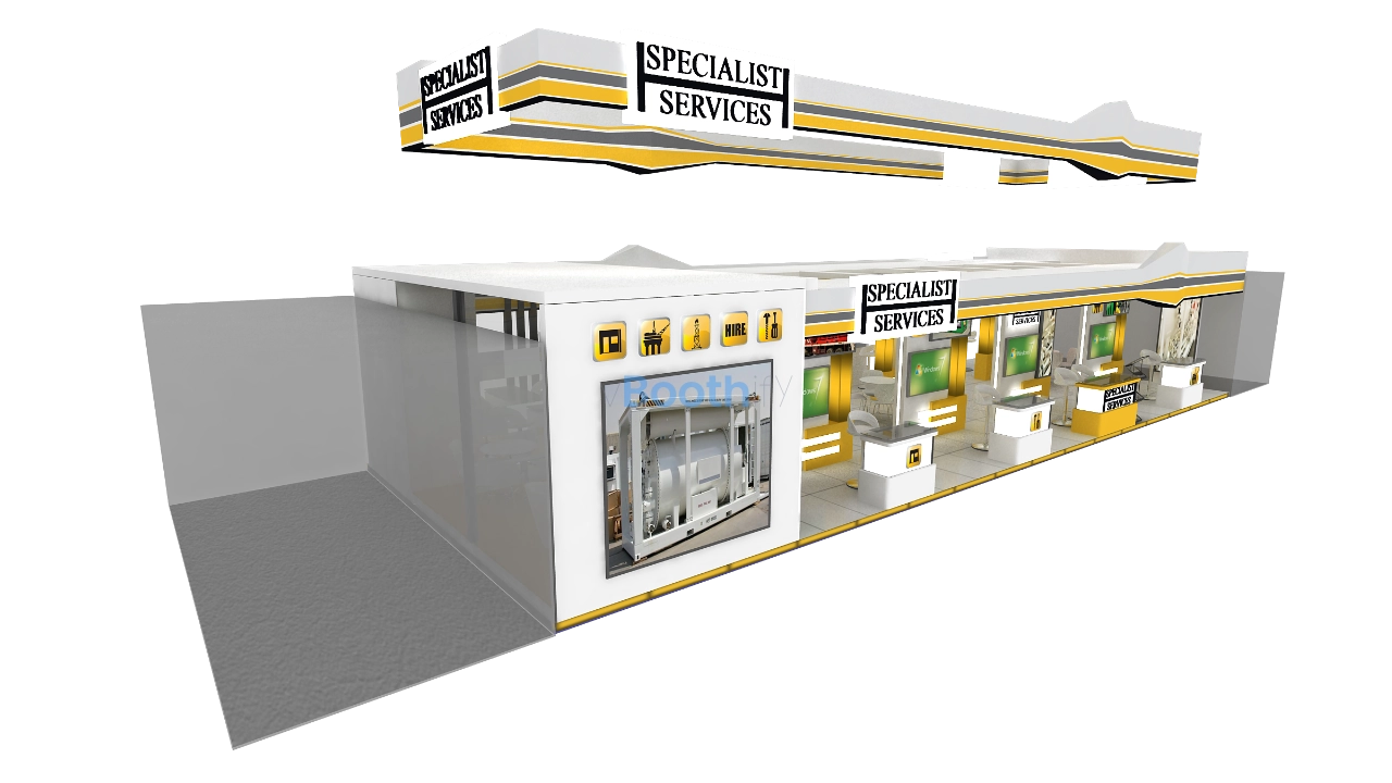 3D exhibition stand design showing SPECIALIST SERVICES booth in white, yellow, and gray with equipment display and HIRE text.