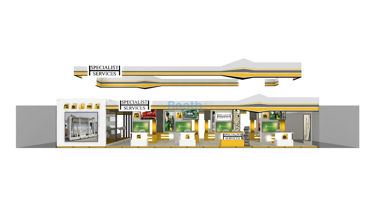 Editable 3D booth model render of SPECIALIST SERVICES stand featuring promotional screens, service counters, and yellow accents.
