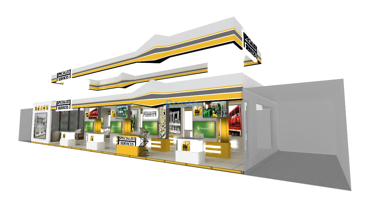 White and yellow exhibition stand design with service counters and Windows logo screens, free editable 3D booth model download.