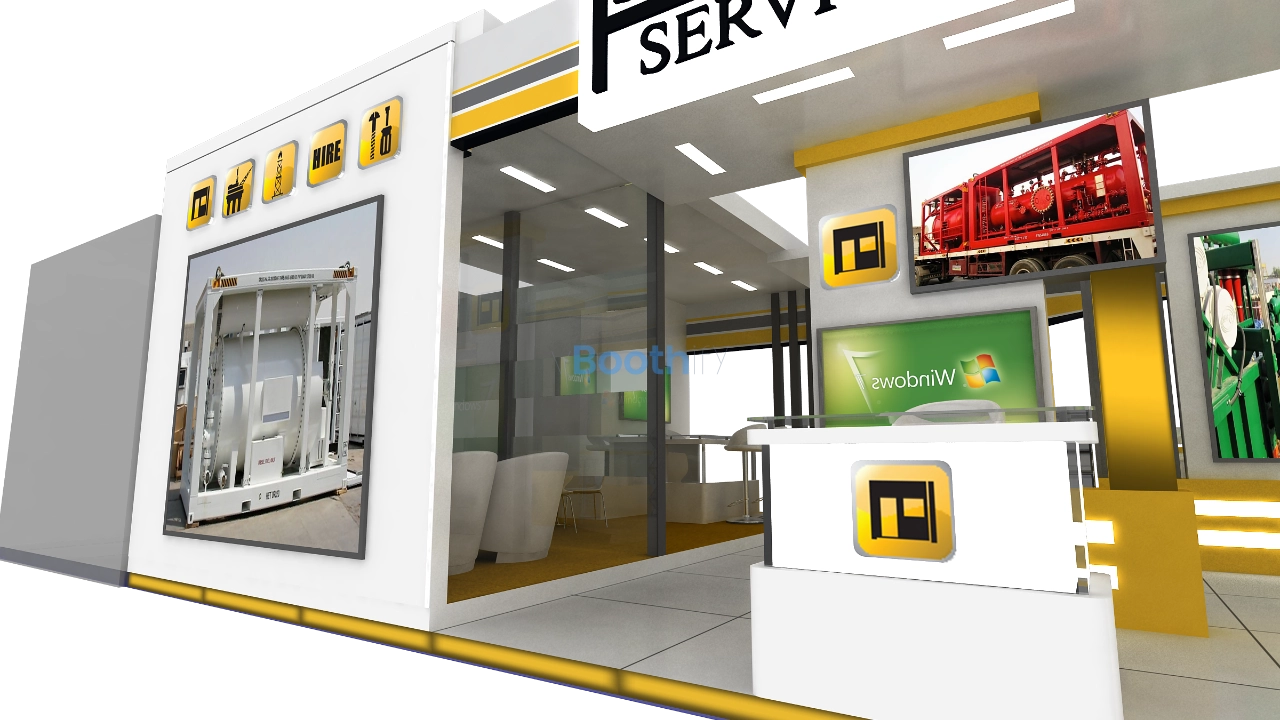 3D booth model render showing industrial equipment displays, HIRE signage, Windows logo, and a front reception desk.
