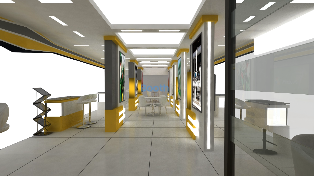 Exhibition stand design interior detail featuring yellow pillars, bar seating, glass partitions, and long ceiling lights.