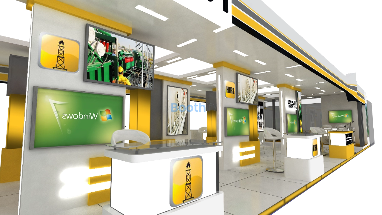 Multi-display 3D exhibition stand design with yellow and white colors, featuring industrial equipment screens and HIRE text.