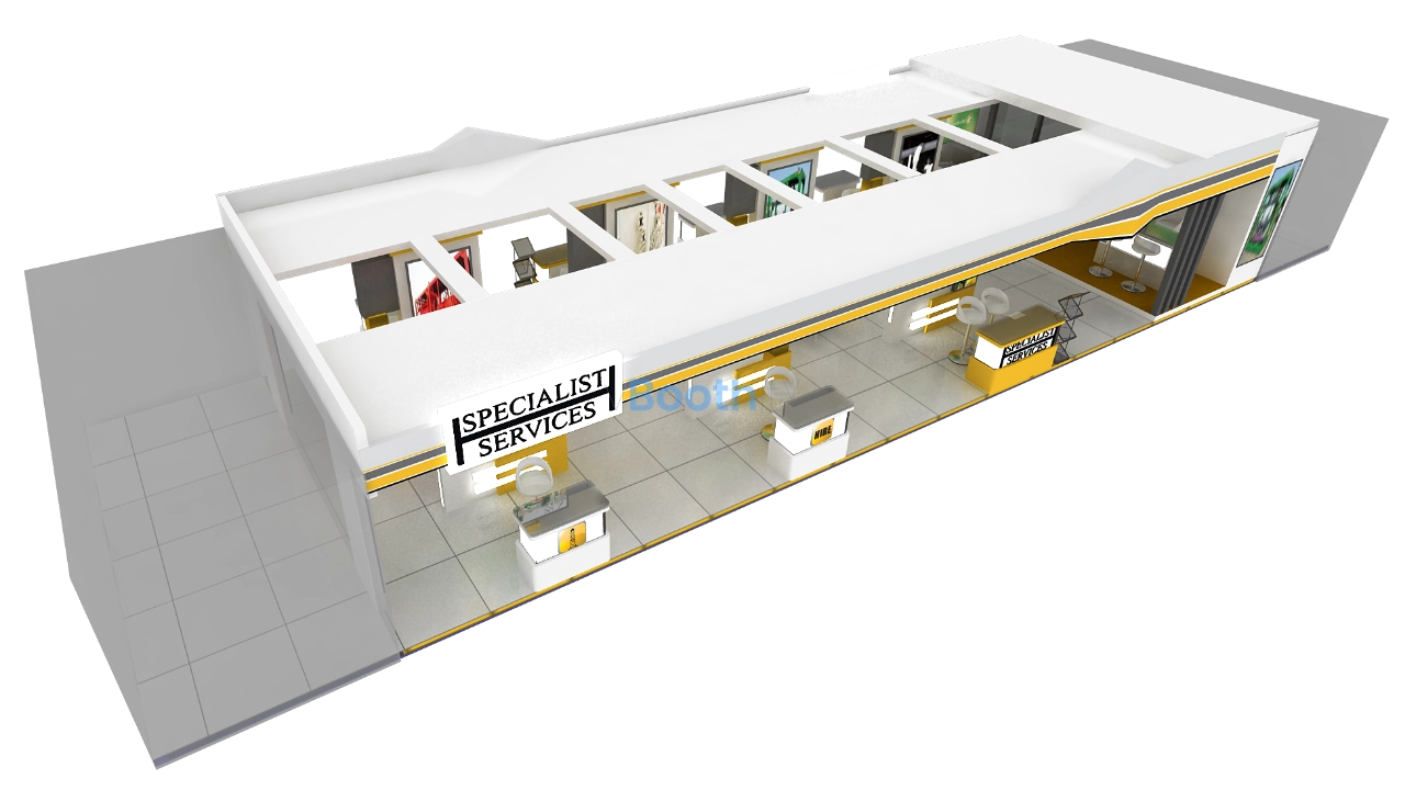 3D model of commercial exhibition stand design with white, yellow, and gray elements, featuring service desk and office area.