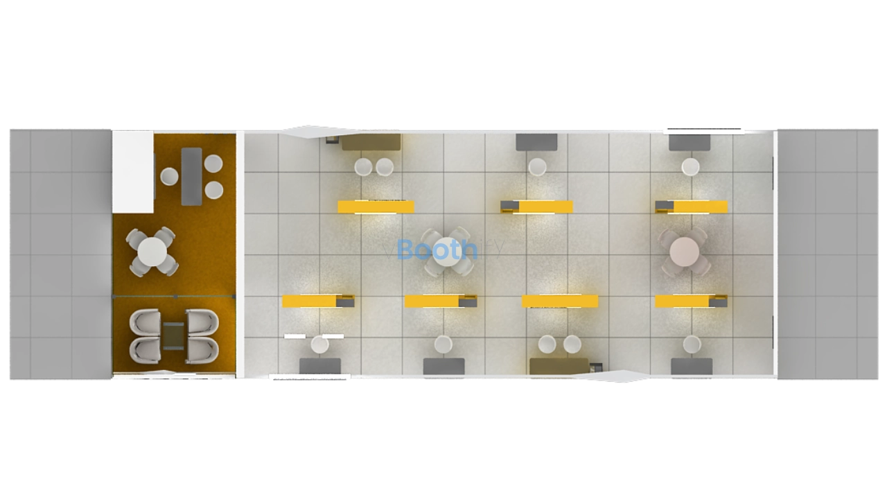 Top view layout of an exhibition stand design showing brown and grey floor zones, yellow tables, and seating arrangements.
