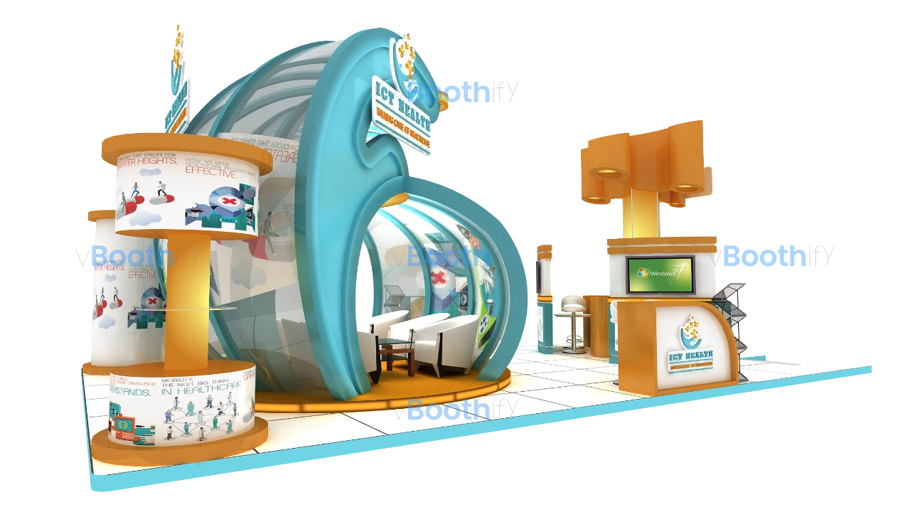 Top view floor plan of ICT Health exhibition stand design showing circular blue and orange structures. Free editable 3D booth model.