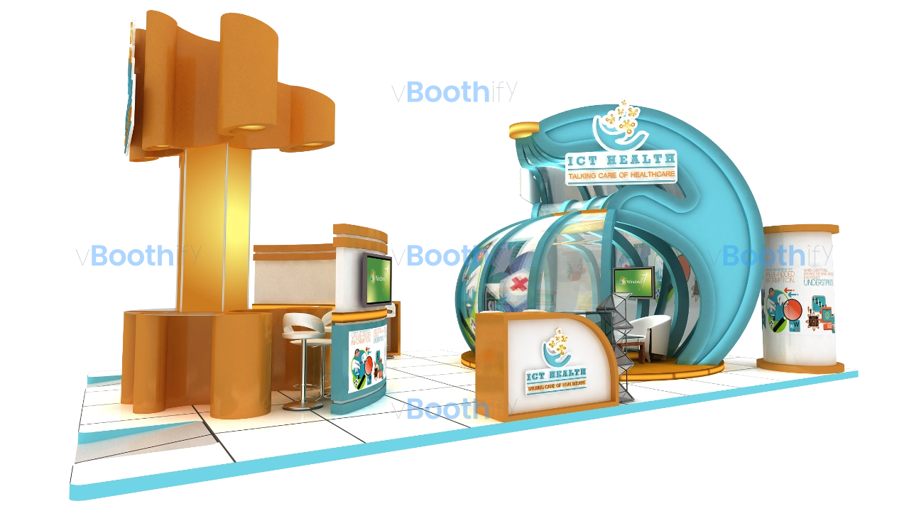 Corner perspective of blue and orange curved exhibition stand design with reception desk and seating. Editable 3D booth model.