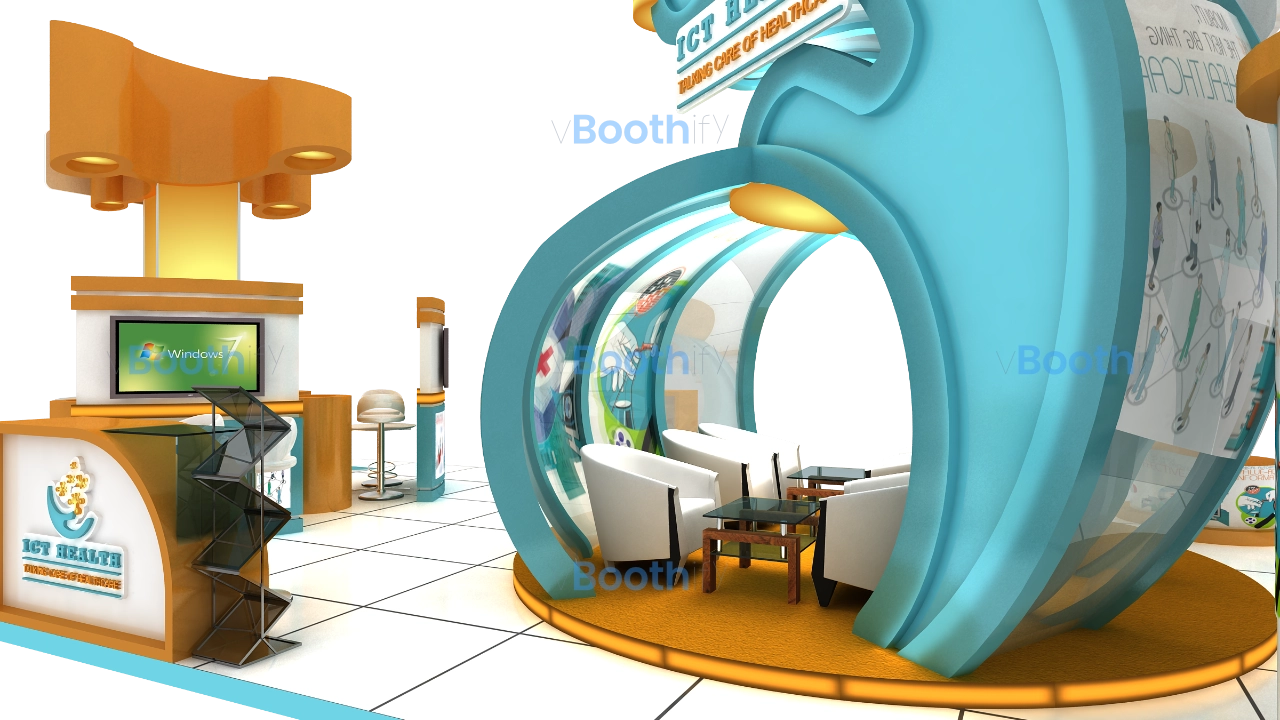 Wide angle of exhibition stand design with orange tree structure and blue ring device. Free 3D booth model render reference.