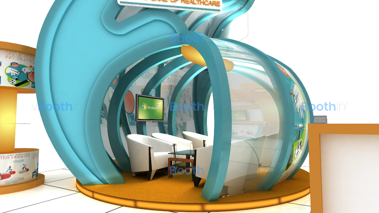 Reception detail of orange exhibition stand design with screens and blue ring seating area. Editable 3D booth model.