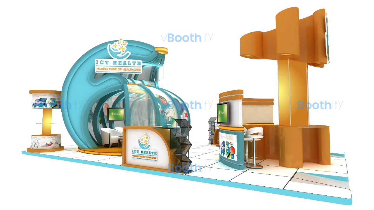 Front elevation of blue curved medical exhibition stand design with yellow carpet and white sofa. 3D booth model reference.