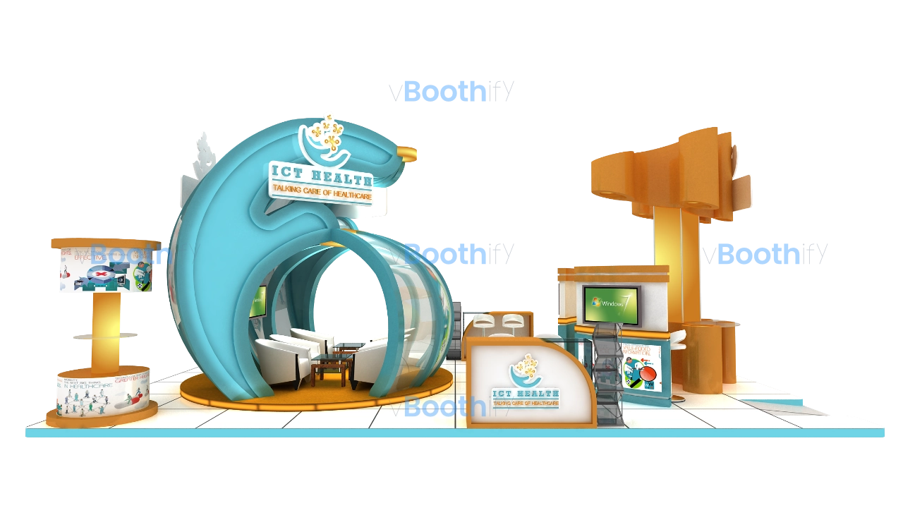 Side profile render of blue curved exhibition stand design with adjacent orange structure. Editable 3D booth model reference.