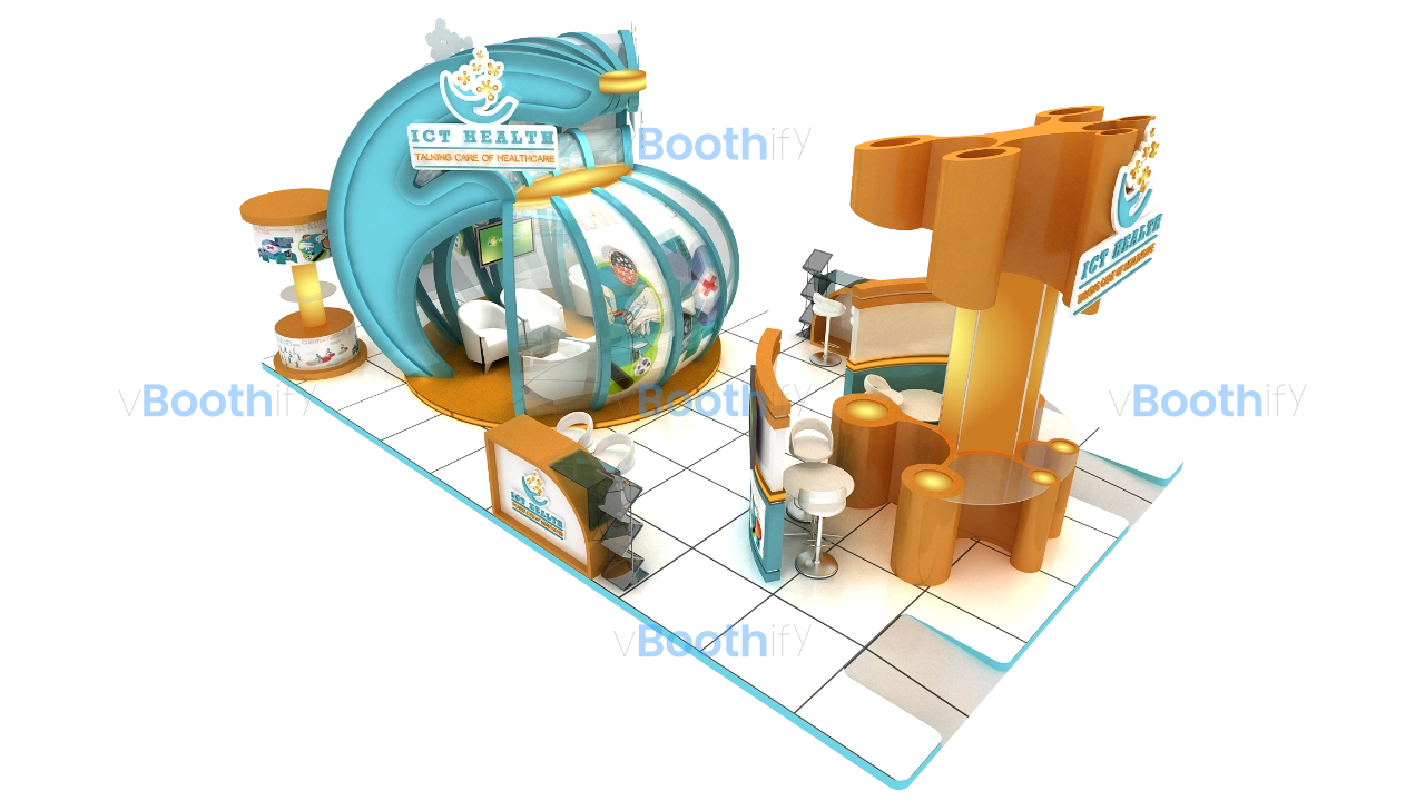 Angled view of exhibition stand design with transparent glass areas and curved blue canopy. Editable 3D booth model.