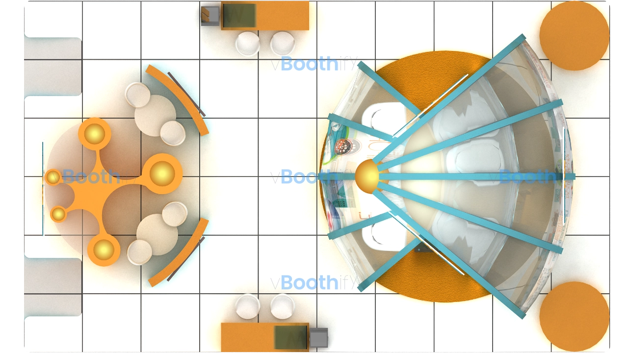 Front view of dual structure exhibition stand design with blue rainbow and orange tree shapes. Editable 3D booth model.