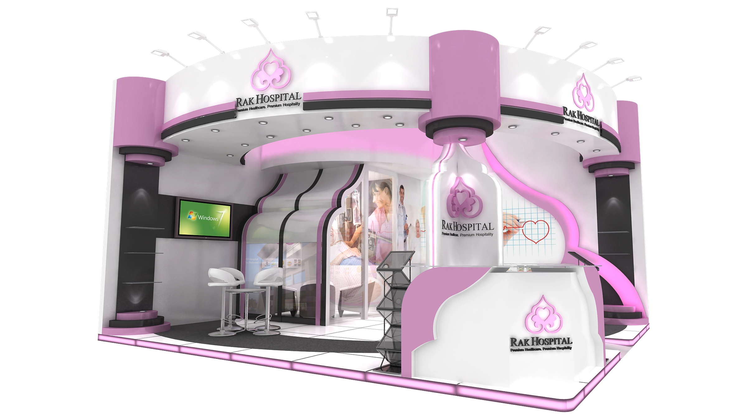 Front perspective render of RAK Hospital exhibition stand design featuring pink and white walls, reception desk, and displays.