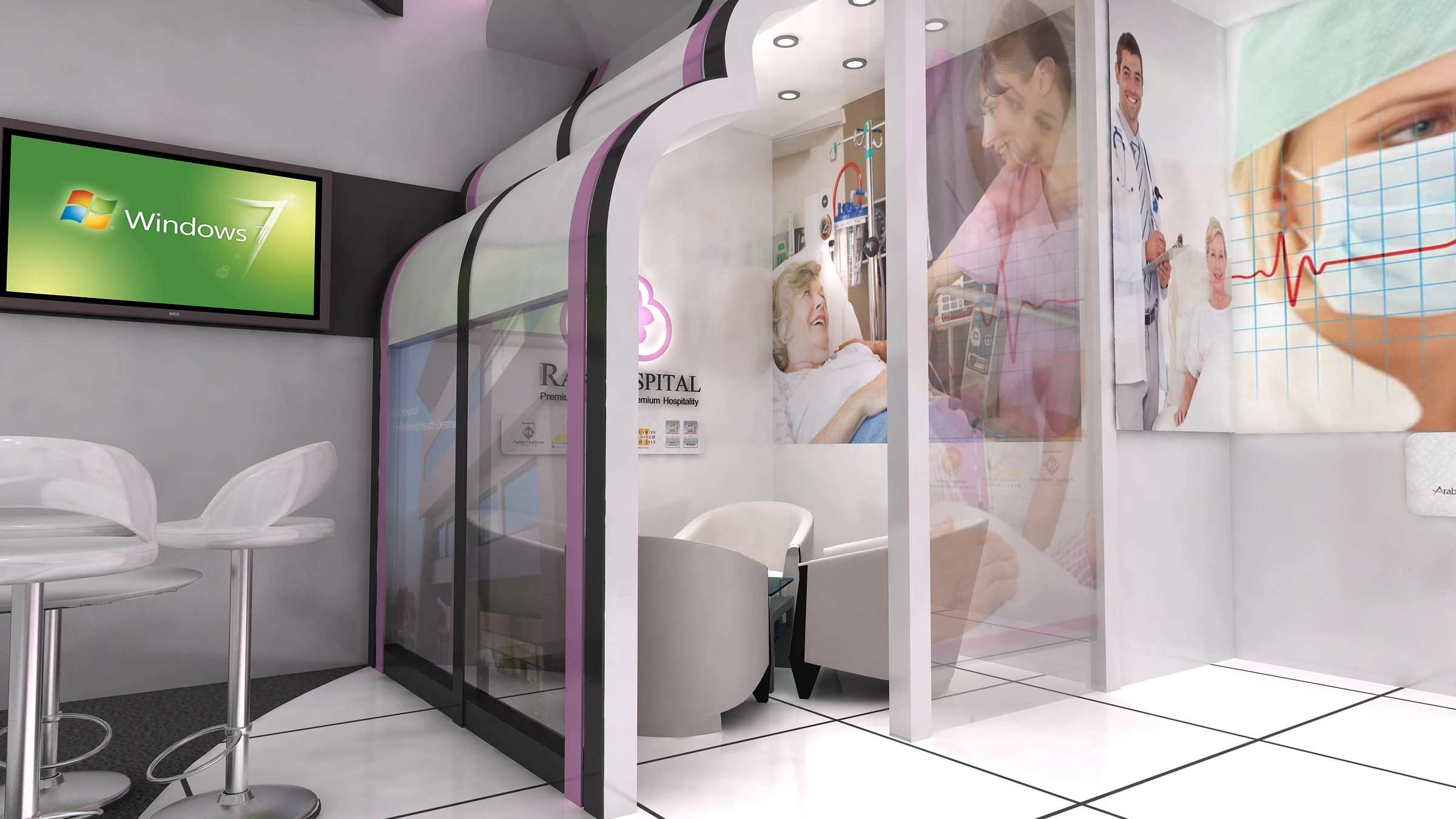 Side angle view of medical 3D booth model with curved glass partition, digital screen, and white high chairs on tiled floor.