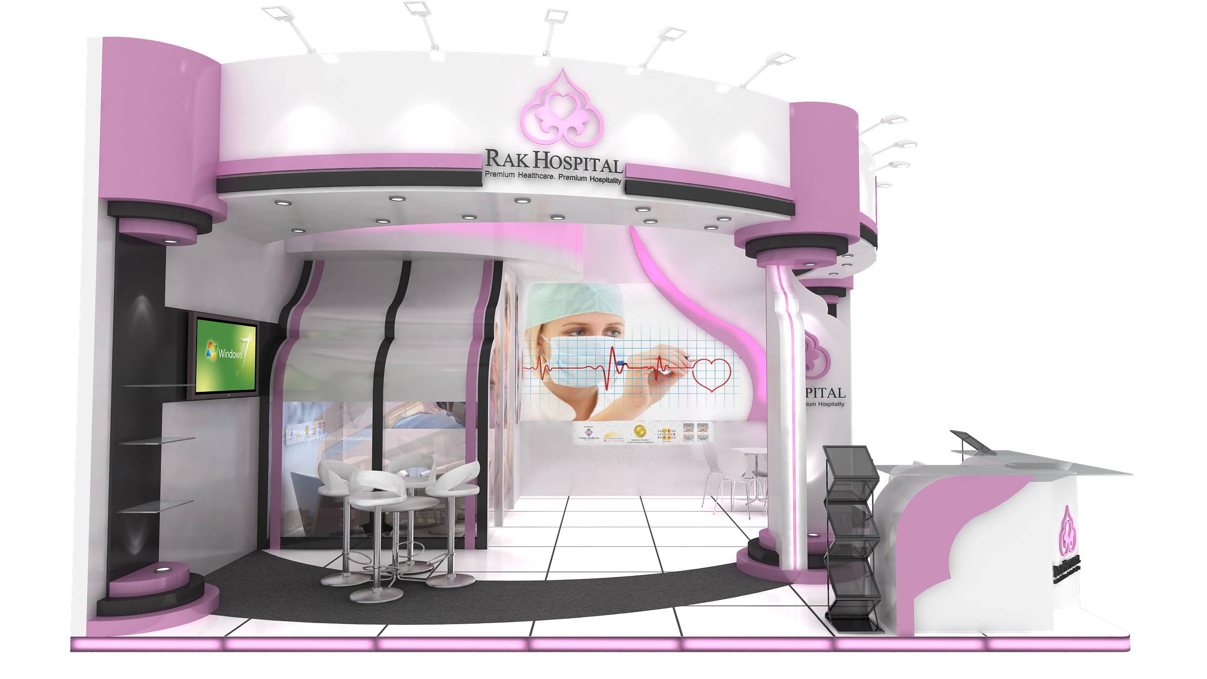 Corner perspective of exhibition stand design showing pink and white walls with medical murals, ECG patterns, and reception area.