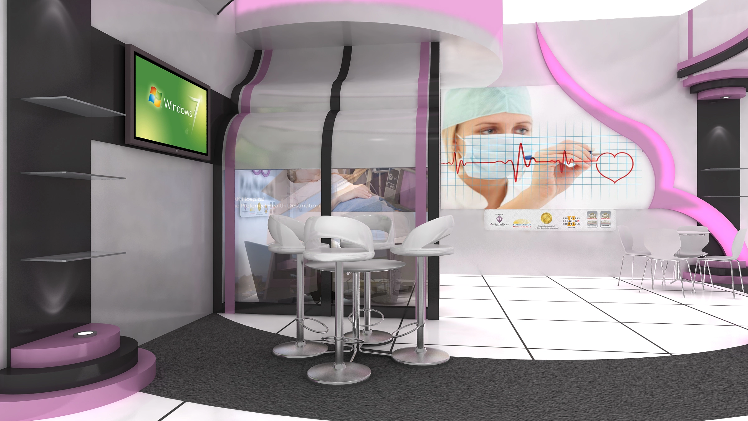 Interior detail of 3D booth model showing large medical display screen, white high chairs, and pink curved wall decorations.