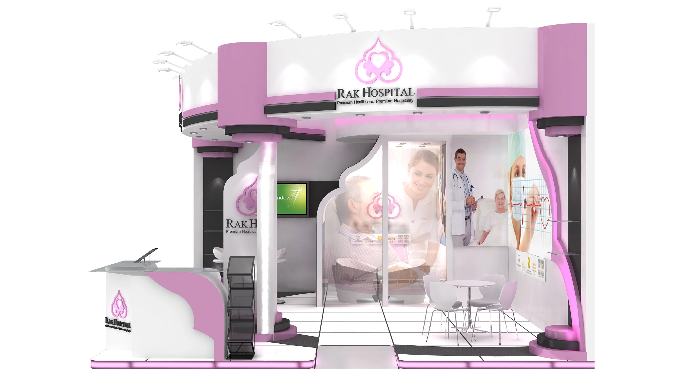 Reception and seating area view of pink and white medical exhibition stand design with round table and staff posters.