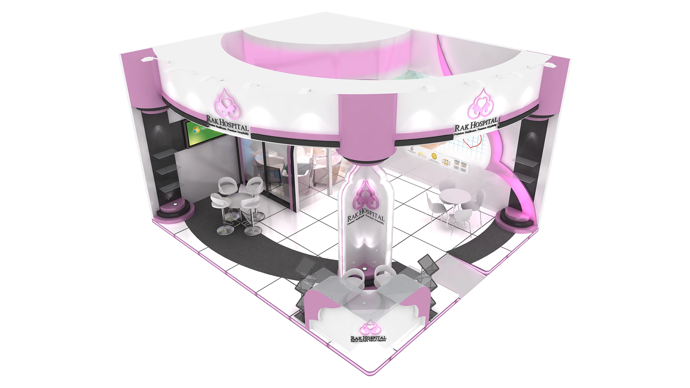 Aerial view render of RAK Hospital 3D booth model with central bottle decoration, multiple seating areas, and pink branding.
