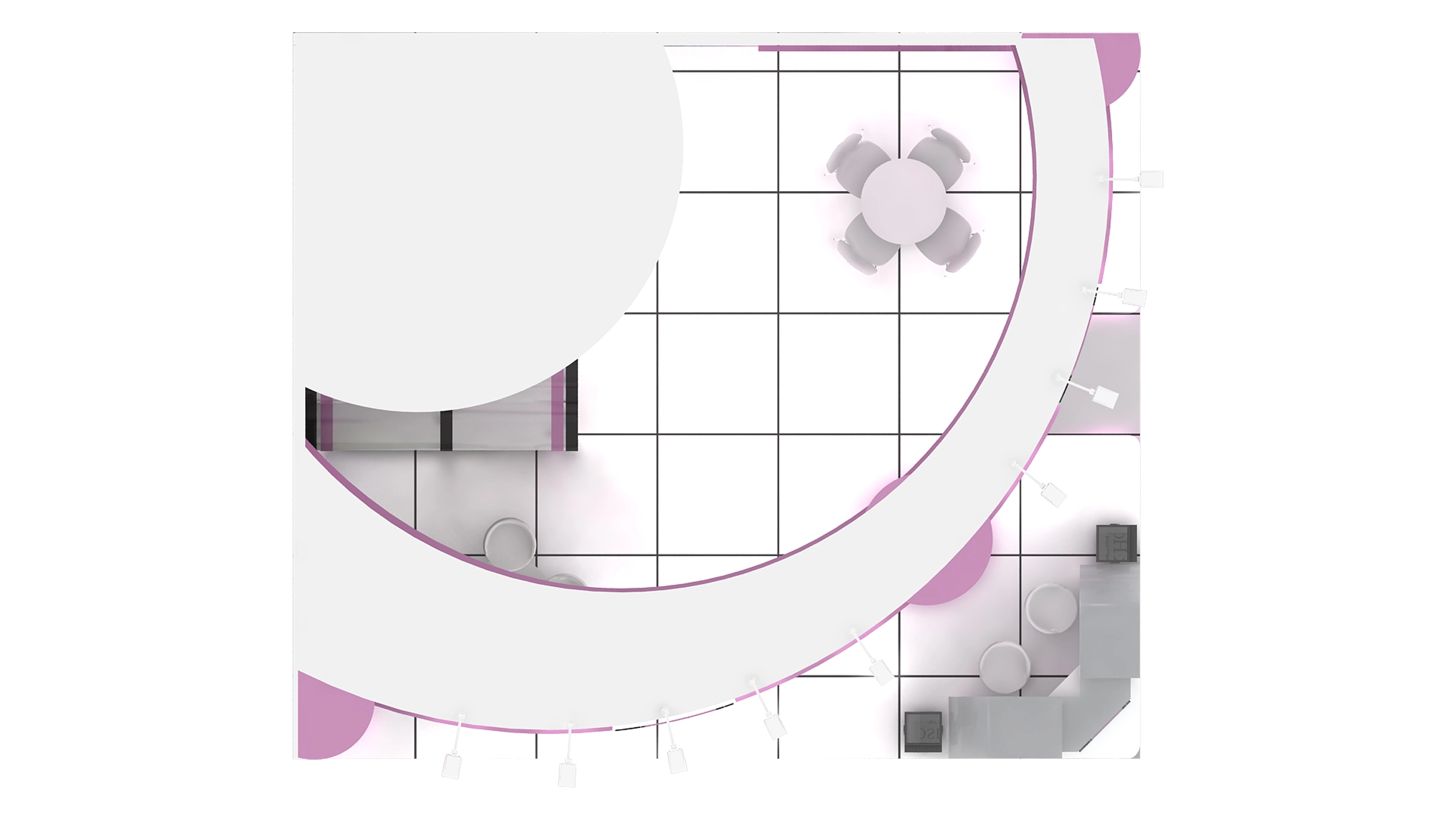 Top view floor plan render of 3D booth model showing grid floor, curved walls, and circular table seating arrangements.