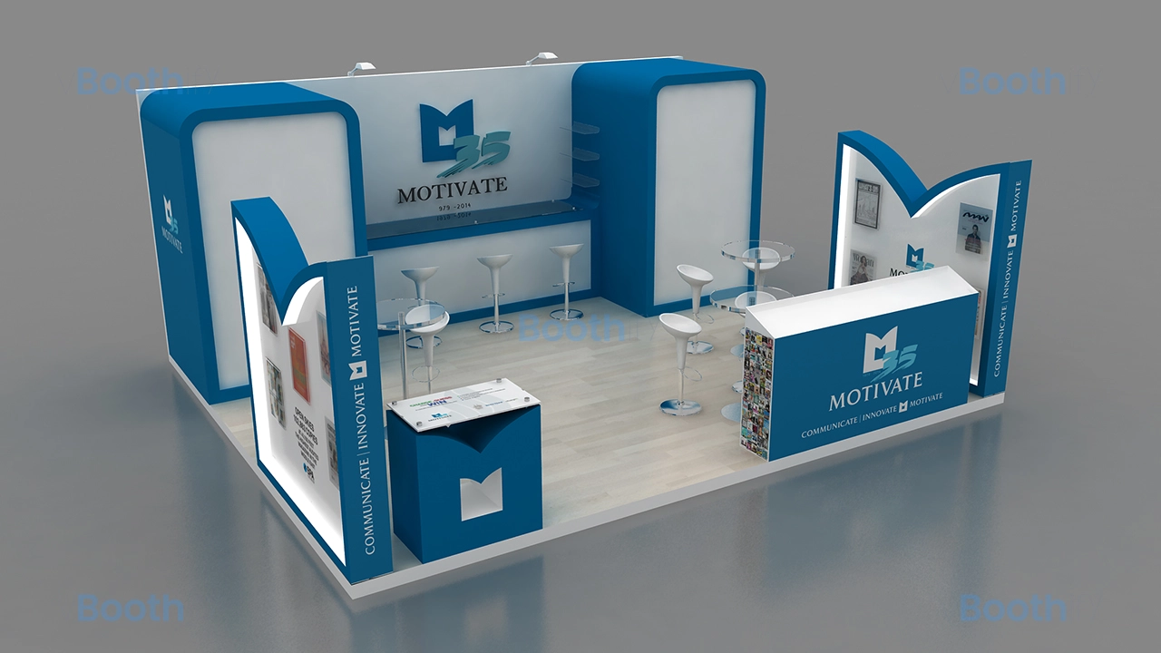 Left corner perspective of an editable 3D booth model showing blue M-shaped walls, TV display, and wood floor for Blender.