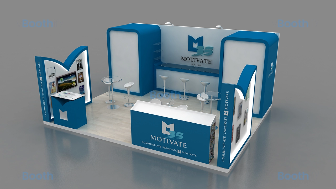 Right corner view of a free download 3D booth model highlighting a blue front magazine counter and curved backwall niches.