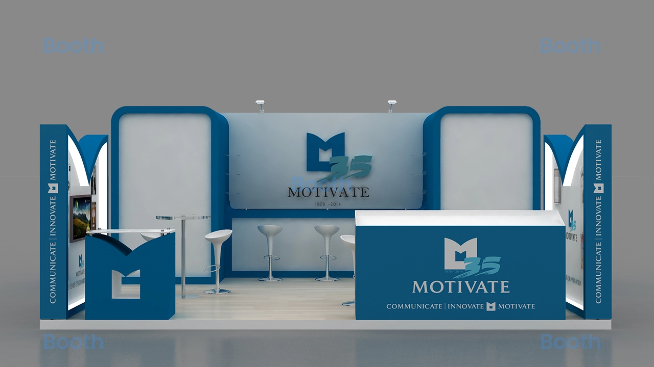 Front elevation of a symmetric blue exhibition stand design 3D model featuring prominent center logos and dual front counters.
