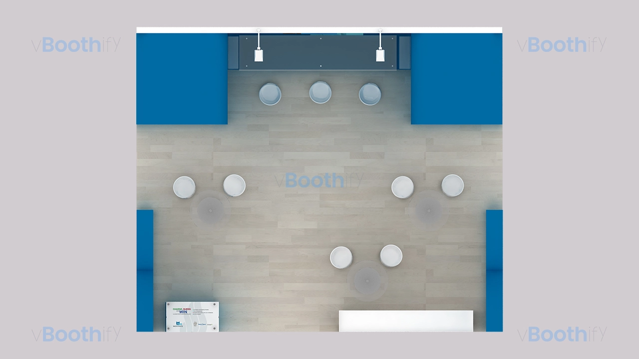 Aerial top view of a 3D booth model floor plan showing glass tables, seating arrangement, and wood floor render reference.