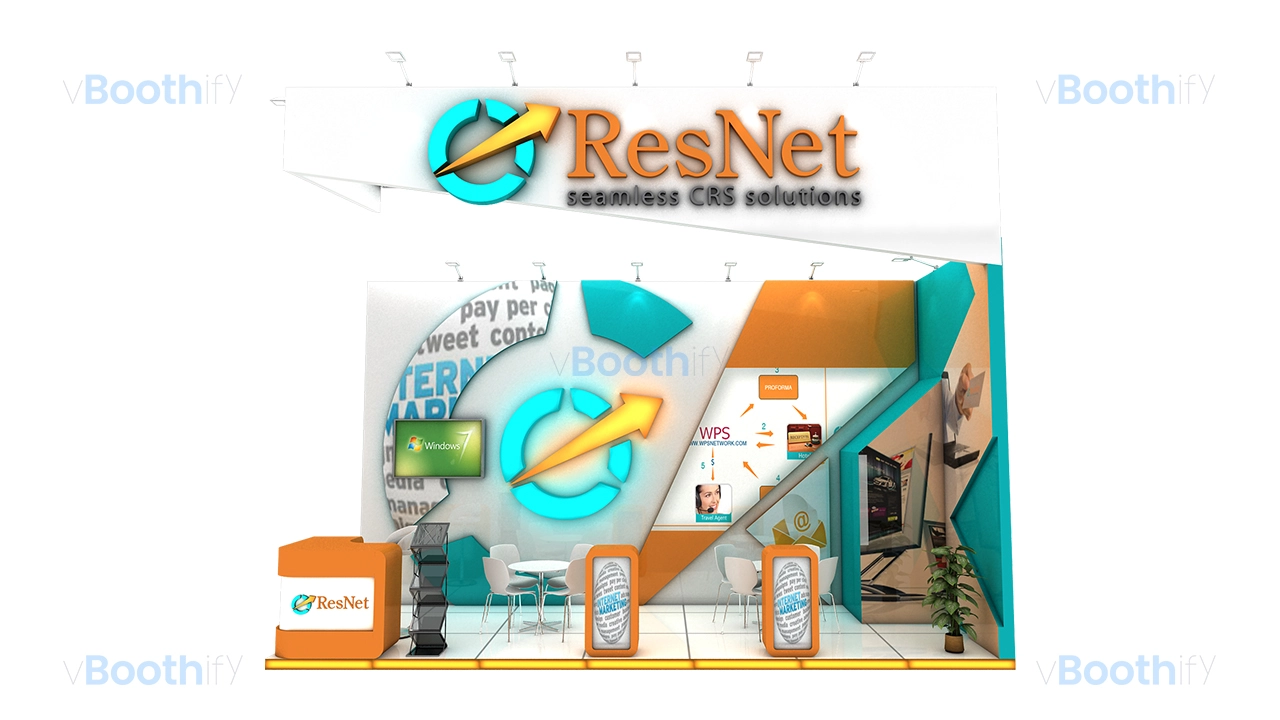 Free 3D booth model front elevation in orange and cyan with reception desk, wall graphics, and seating for Blender.