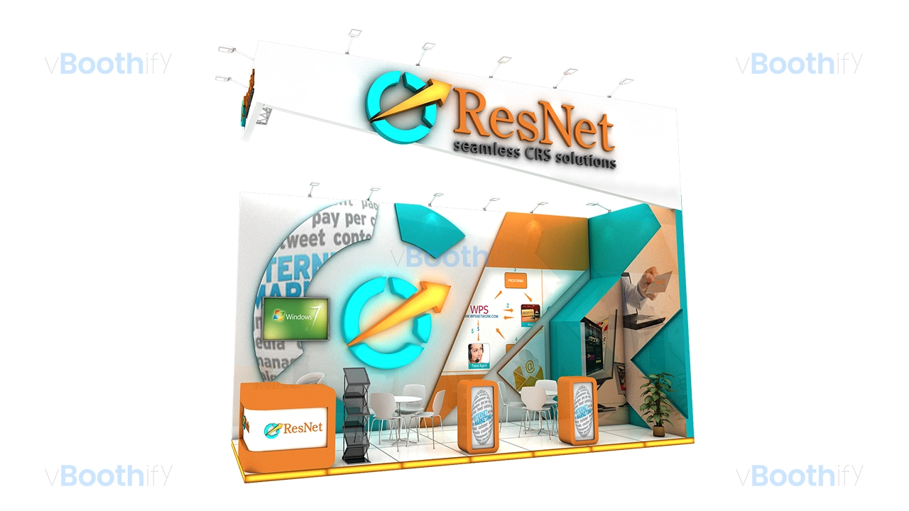 Corner perspective of editable exhibition stand design showing 3D circular logos, brochure rack, and orange counters.