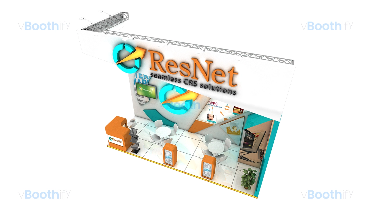 High-angle 3D exhibition booth render reference displaying L-shaped overhead truss, floor grid, and seating layout.