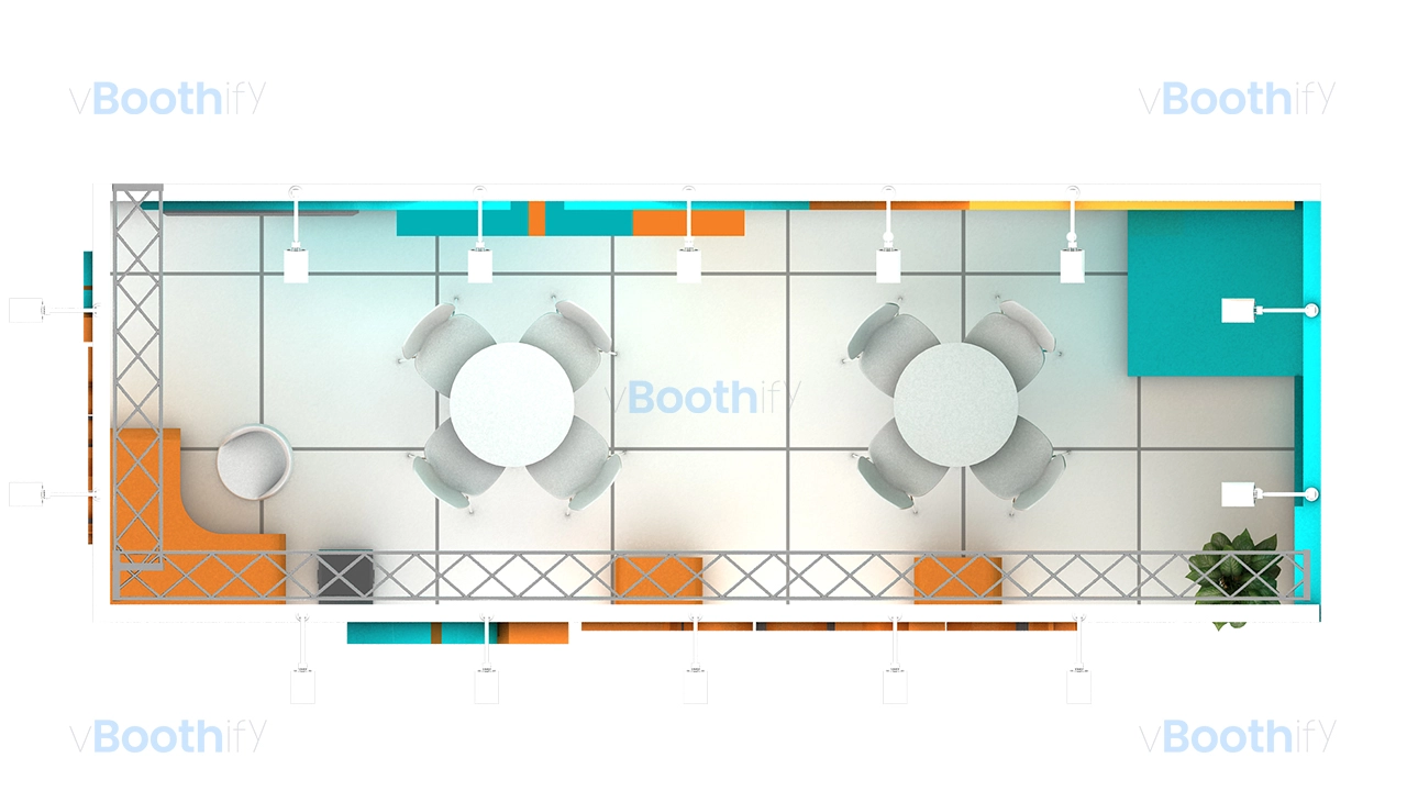 Top down plan view of 3D booth model for Blender showing table placement, grid flooring, and perimeter wall layout.